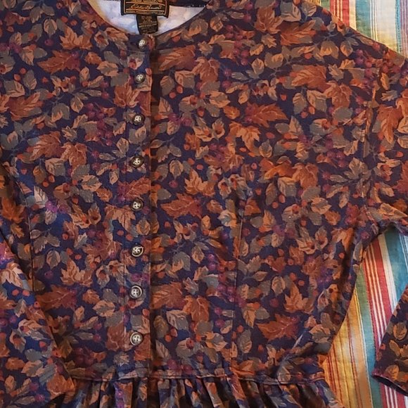 Vintage Eddie Bauer Navy Leaves Dress Modest - Picture 3 of 8